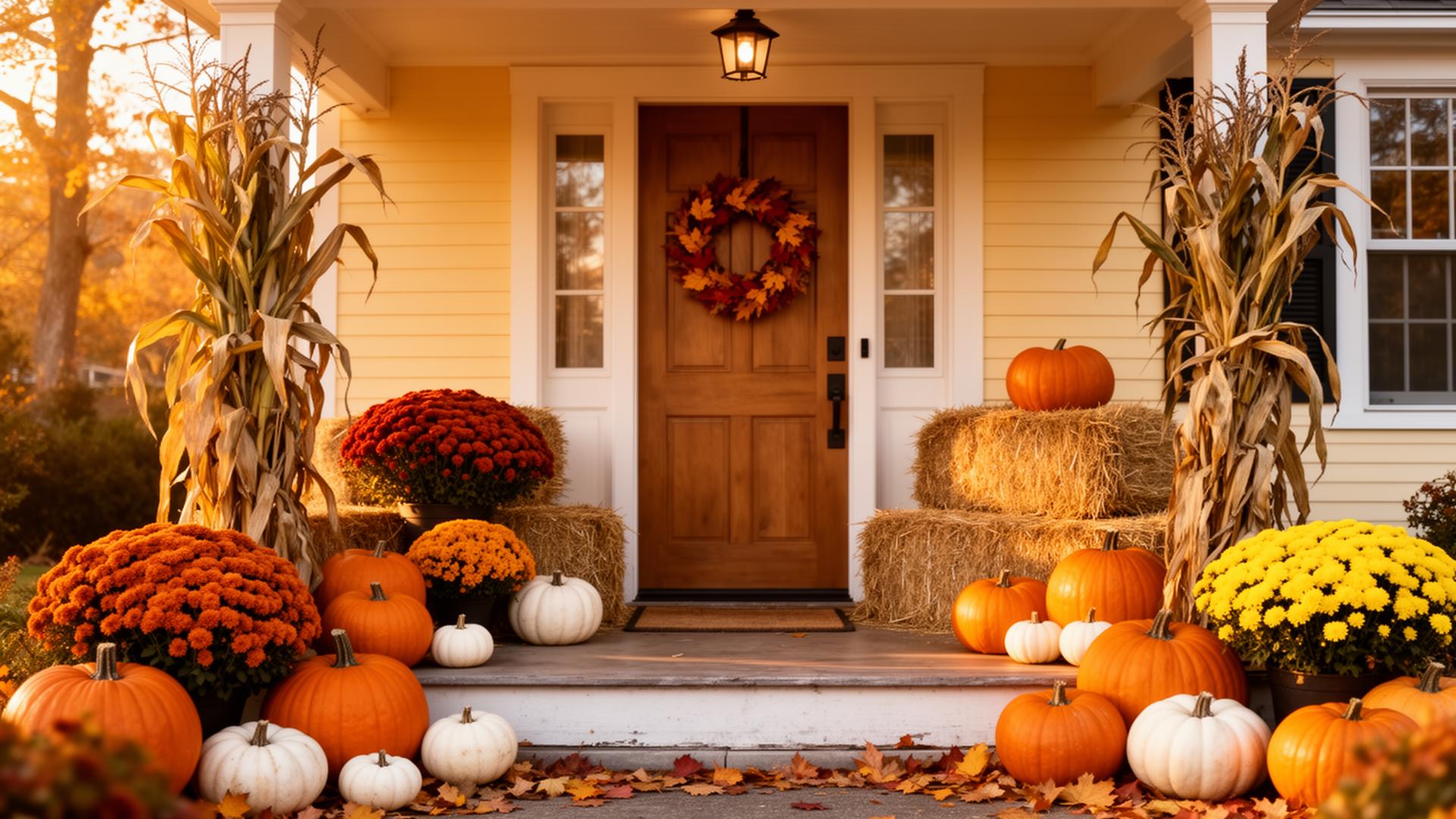 Beautifully decorated fall porch with pumpkins and mums